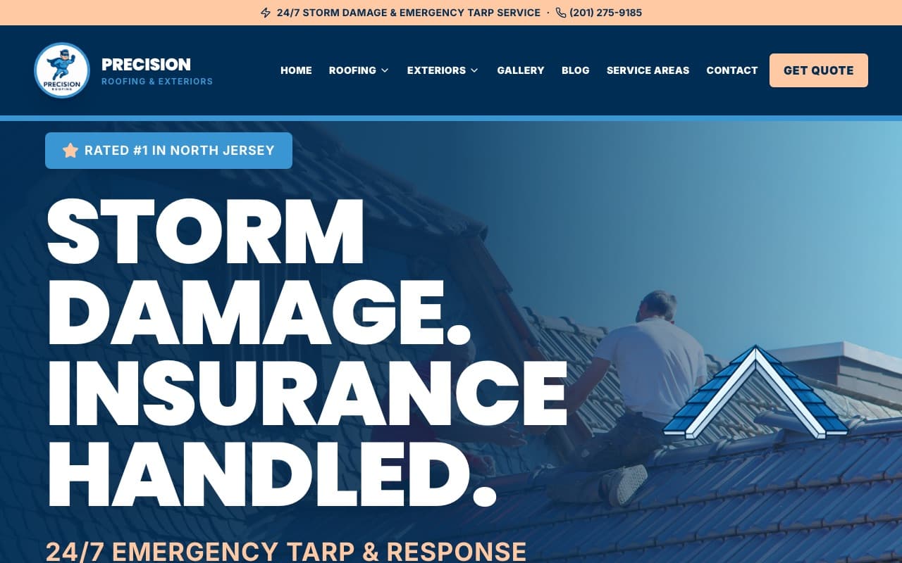 Precision Roofing & Exteriors website — New Jersey GAF-certified roofing contractor, built by Mega Media Management