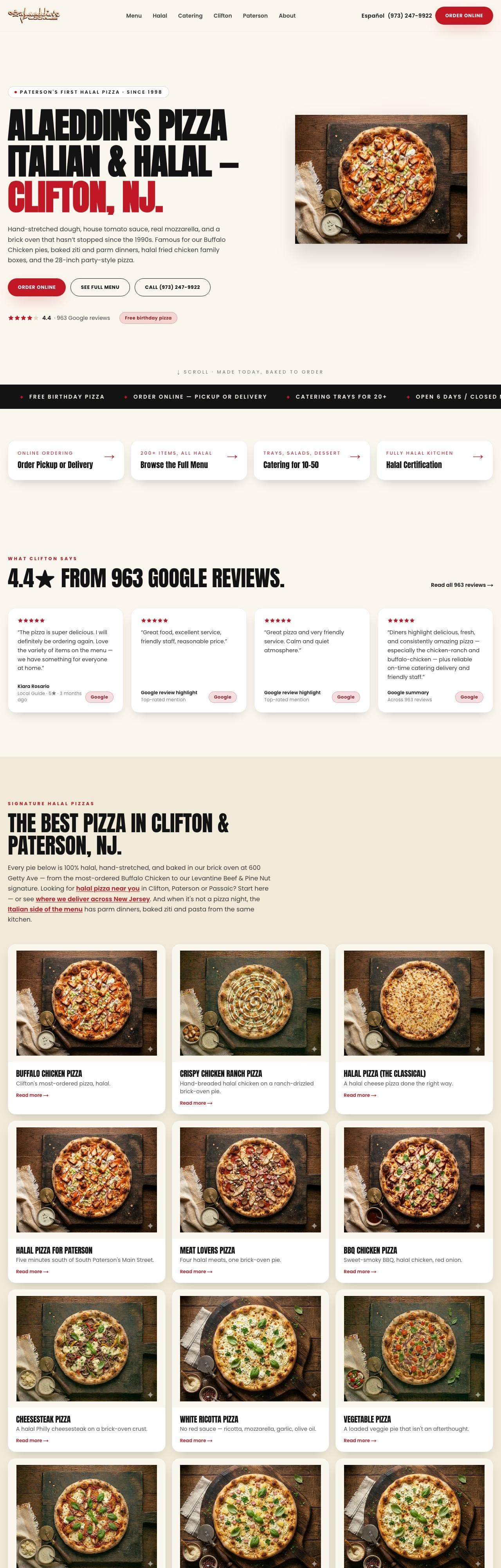 Homepage of the Alaeddin's Pizza website