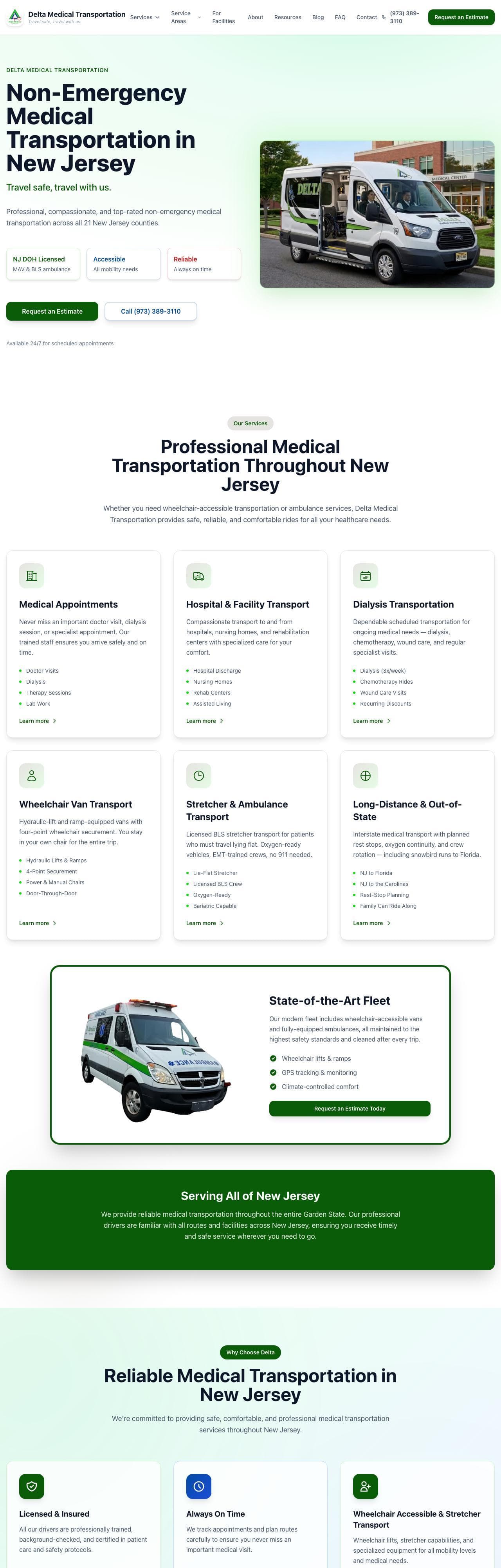 Homepage of the Delta Medical Transportation website