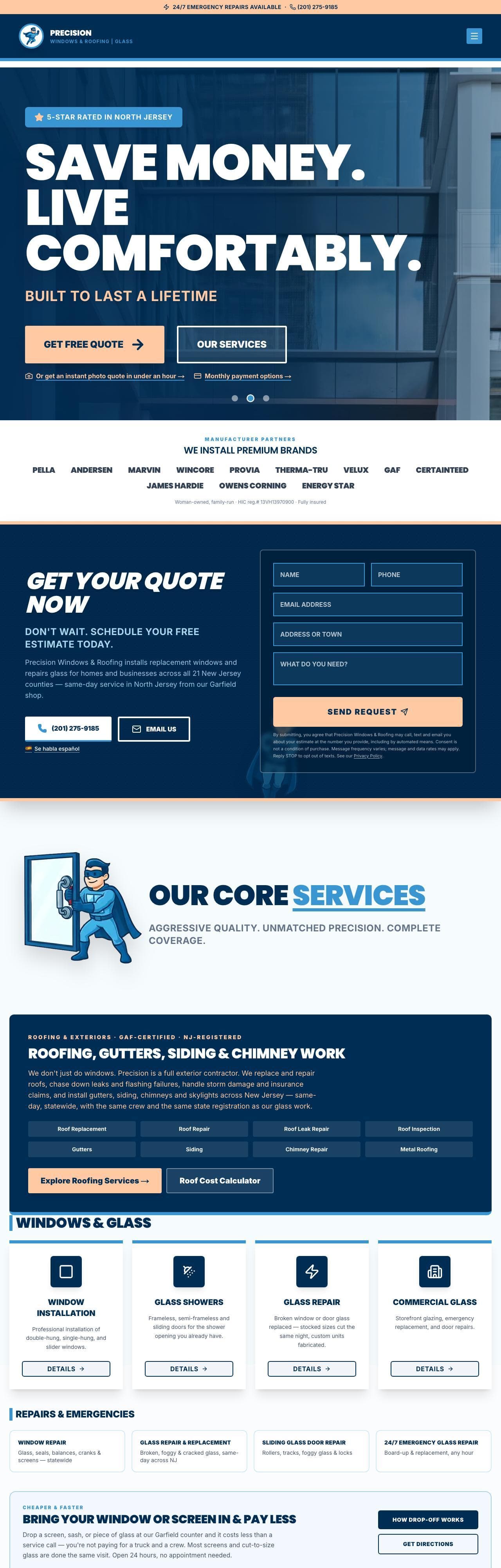 Homepage of the Precision Windows and Roofing website