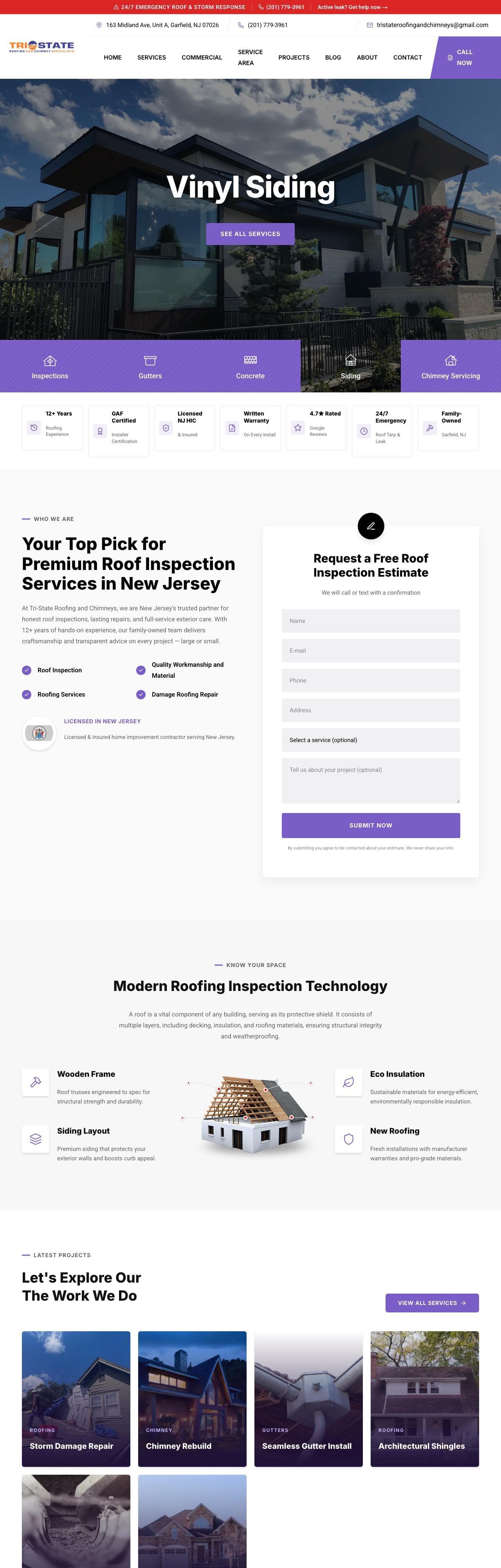 Homepage of the Tri-State Roofing and Chimneys website